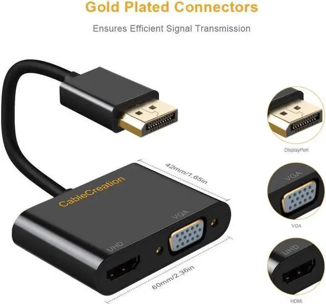 Alt view image 2 of 7 - AOMOPROING DisplayPort to HDMI VGA Adapter, CableCreation 2 in 1 DP Hub DP to HDMI VGA Converter, HDMI 2.0 Support UHD 4K@60Hz Video/ Audio, Black