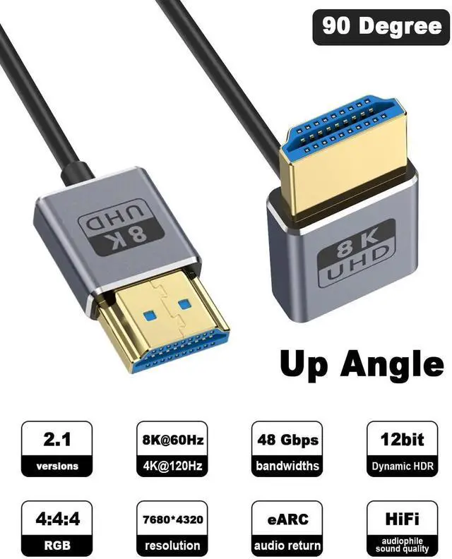 Alt view image 5 of 7 - AOMOPROING 8K 90 Degree HDMI Cable 1FT/30cm 8K@60Hz, 4K@240Hz, UP Angle HDMI Male to Male Cable, Ultra High Speed 48Gbps Bandwidths, Ultra Thin HDMI 2.1 Cord OD2.5mm for GH5S, PS5, Xbox One Monitor,PC
