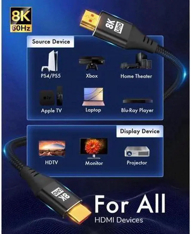 Alt view image 2 of 7 - AOMOPROING 8K HDMI 2.1 Cable 6.6FT Kelink 48Gbps Ultra High Speed Black Braided HDMI Cord - Get 4k @ 120Hz On PS5 & Xbox Series X - Supports 8k @ 60Hz HDR eArc Dolby Vision & More