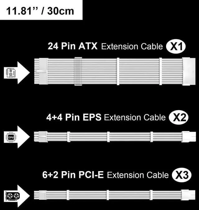Alt view image 3 of 5 - Aomoproing White PSU Extension Cable Kit,Custom Sleeved Power Supply Cable Mod for PC Build 18AWG 24Pin ATX /8 (4+4) Pin EPS CPU Cable /8 (6+2) Pin PCI-E GPU PSU Cables 6PCS with Cable Comes
