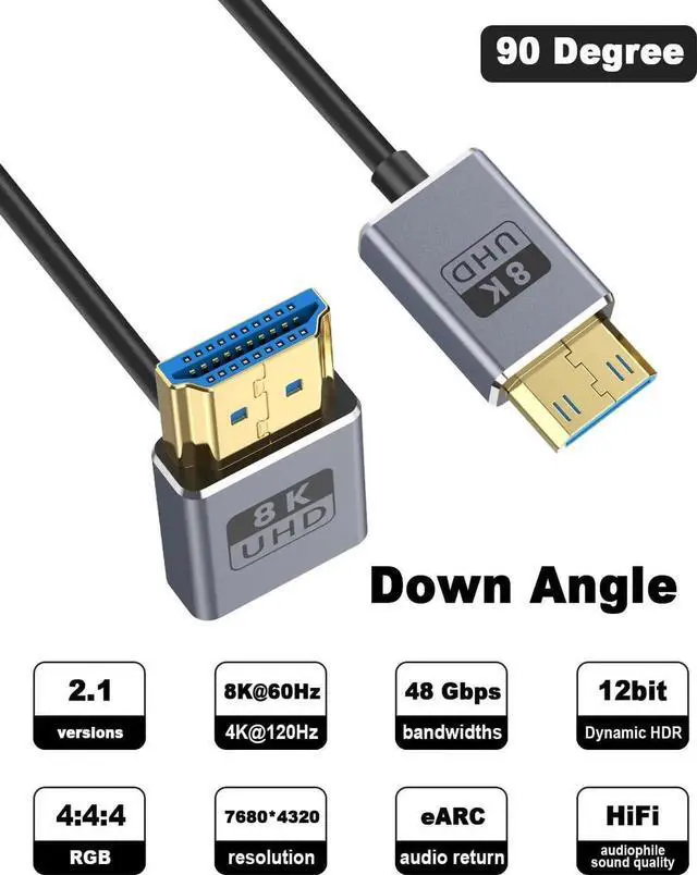 Alt view image 7 of 7 - AOMOPROING 8K Coaxial Up Angle HDMI to Mini HDMI Cable 1FT/30cm, [48Gbps, 8K@60Hz, 4K@240Hz], Ultra Thin Mini HDMI 2.1 Male Cable for Camera, Camcorder, Tablet, Laptop, Raspberry Pi Zero