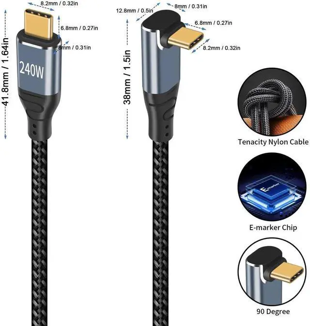 Alt view image 3 of 7 - Aomoproing USB C 90 Degree Cable 1.5ft, 240W Fast Charging PD 3.1 Type C to Type C Cable Short Braided 3A 90 Degree Up Down Angle USB C Cable for iPad Pro Galaxy Air MacBook
