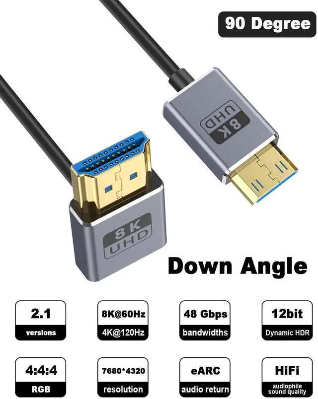 Alt view image 2 of 7 - AOMOPROING 8K Mini HDMI to HDMI Cable 2.1 Cord 48Gbps,Ultra Thin Up Angle HDMI to Mini HDMI Male Cord, Support High Speed 8K@60Hz, 4K@240Hz for Camera, Camcorder, Graphics/Video Card 4FT