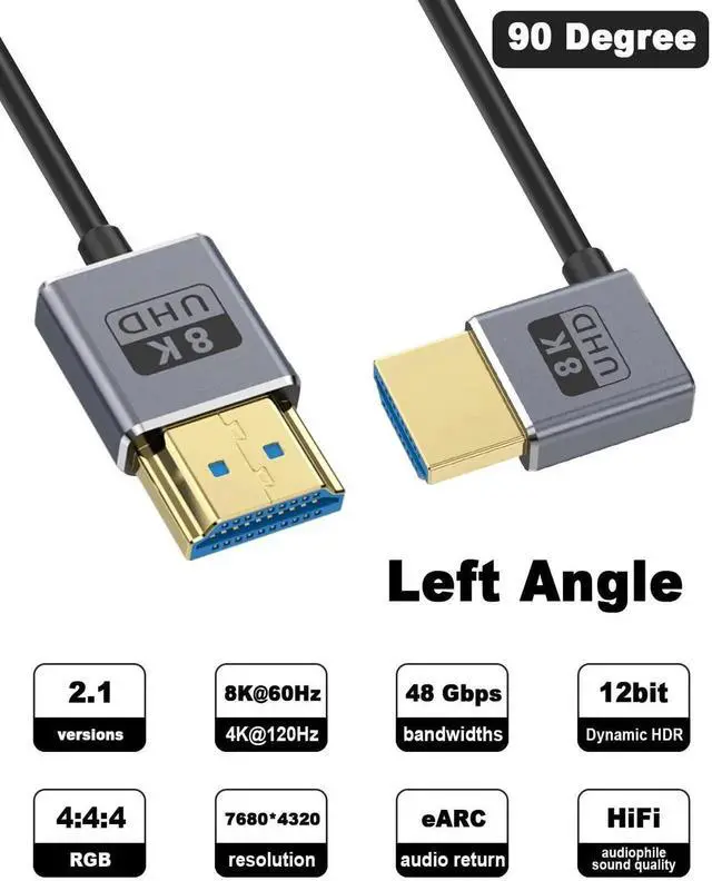 Alt view image 3 of 7 - 8K 90 Degree HDMI Cable, Left Angle HDMI Male to Male Cable,48Gbps Ultra Thin HDMI Cord OD2.5mm, Support 8K@60Hz, 4K@240Hz, Dynamic HDR, eARC, for GH5S, PS5, Xbox One Monitor,PC.4FT/120cm