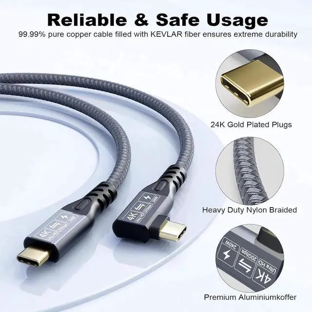 Alt view image 5 of 7 - Aomoproing USB C 3.2 Gen2x2 20Gbps Cable, 90Degree USB C 4K@60Hz UHD Video 5A/240W PD3.1 Fast Charge Cord with E-Marker Compatible with Thunderbolt 3/4 0.5M