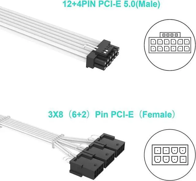 Alt view image 7 of 7 - 16Pin Cable,PCIE GPU Cables,Sleeved 12vhpwr PSU Extension Cable,Mini 12+4 Pin Connector for RTX 3090Ti,4070Ti 4080,4090 Graphics Card Power Supply 16AWG White & Black