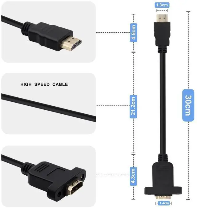 Alt view image 3 of 7 - AOMOPROING 4K HDMI Cable Male to Female High Speed HDMI Extension Cable, with Screw Holes Panel Mounted HDMI Expansion Cable Suitable for Blu Ray Players, HDTV, Xbox360, 3D TV (1FT)