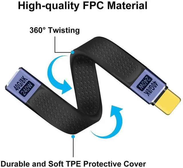 Alt view image 3 of 6 - Aomoproing USB C Extension Cable 40Gbps Flat USB C Extension Cable 240W 48V 5A Support Audio & Video 8K@60Hz, for Phones, Laptops, PC (Straight, 13 cm)