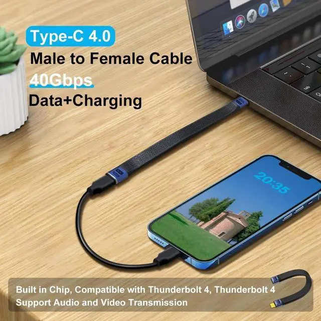 Alt view image 2 of 6 - Aomoproing USB C Extension Cable 40Gbps Flat USB C Extension Cable 240W 48V 5A Support Audio & Video 8K@60Hz, for Phones, Laptops, PC (Straight, 13 cm)