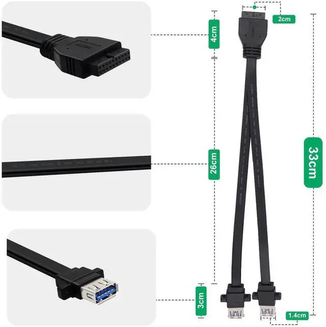 Alt view image 4 of 6 - Aomoproing USB 3.0 Front Panel Cable 5Gbps USB 3 0 Header Extension Cable 19/20 Pin USB 3.0 Front Panel Extension with Panel Mount Holes (30cm)