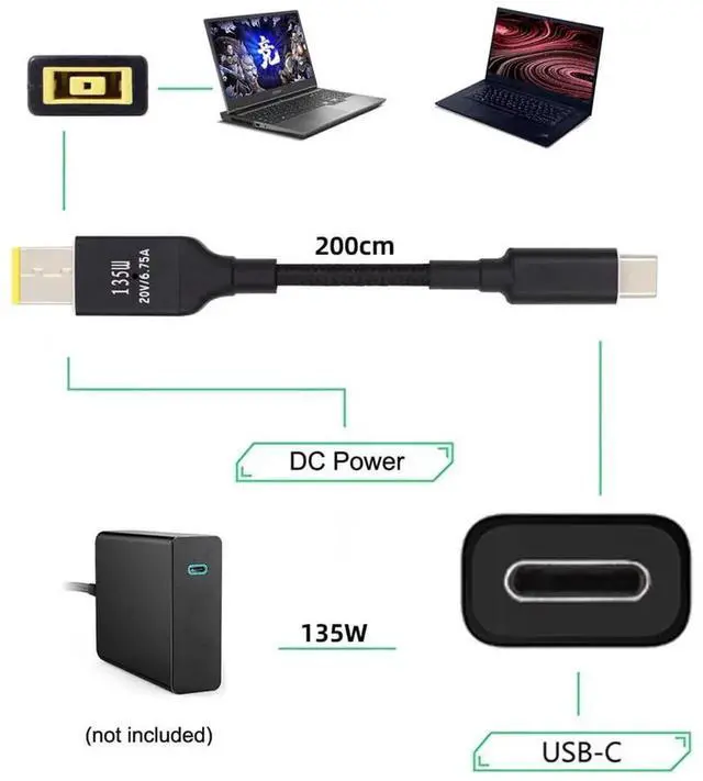 Alt view image 2 of 7 - Aomoproing 135W Type-C USB-C Cable to DC Rectangle 11.0 * 4.5mm Power PD Charge Cable for Thinkpad X1 Legion Y7000P Laptop DC20V 6.25A