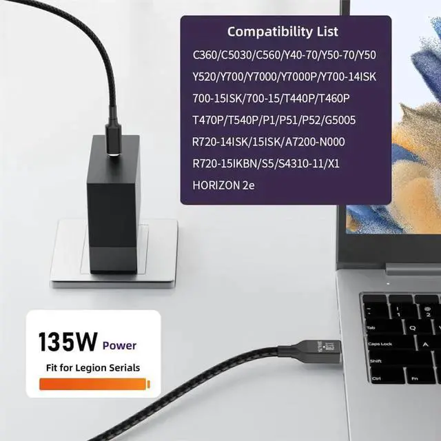 Alt view image 6 of 7 - Aomoproing 135W Type-C USB-C Cable to DC Rectangle 11.0 * 4.5mm Power PD Charge Cable for Thinkpad X1 Legion Y7000P Laptop DC20V 6.25A