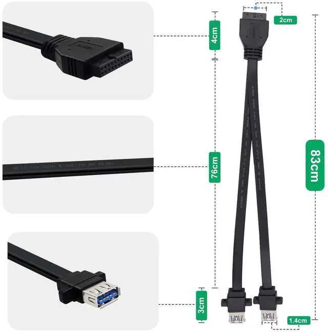 Alt view image 4 of 6 - Aomoproing USB 3.0 Front Panel Cable 5Gbps USB 3 0 Header Extension Cable 19/20 Pin USB 3.0 Front Panel Extension with Panel Mount Holes (80 cm)