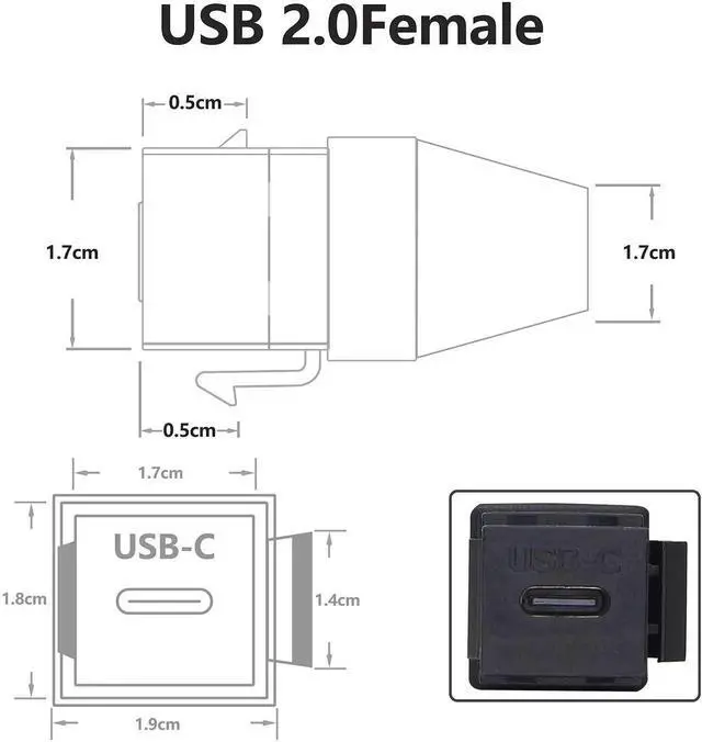 Alt view image 5 of 7 - Aomoproing USB-C Keystone Jack Adapter, Male to Female, Panel Mount, USB-C Pigtail Extension, Keystone-to-Cable Converter, Black