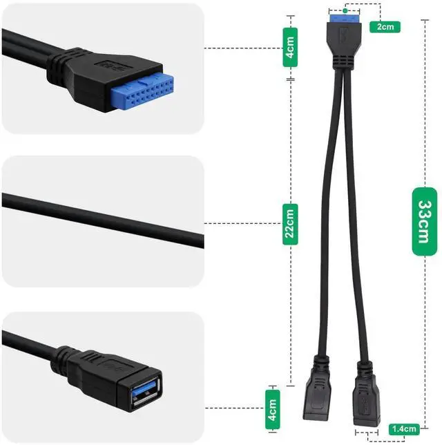 Alt view image 4 of 6 - Aomoproing 2 Port USB 3.0 Female to Motherboard 19/20pin Y Splitter Cable USB 3.0 Front Panel Cable (1FT)