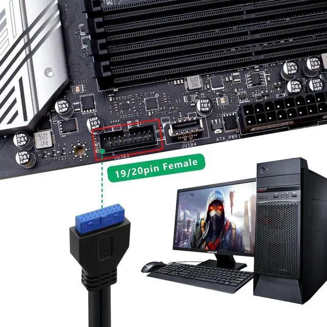 Alt view image 6 of 6 - Aomoproing 2 Port USB 3.0 Female to Motherboard 19/20pin Y Splitter Cable USB 3.0 Front Panel Cable (1FT)