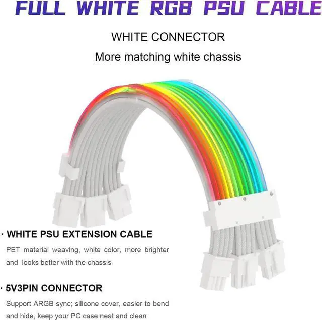 Alt view image 7 of 7 - Aomoproing RGB PSU Cables,Full White ARGB GPU Power Supply Cable 3 * 8(6+2) Pin,Strimer Extension Cable Kit 5V 3Pin Synchronized,Customed White PC Chassis (White Connector)
