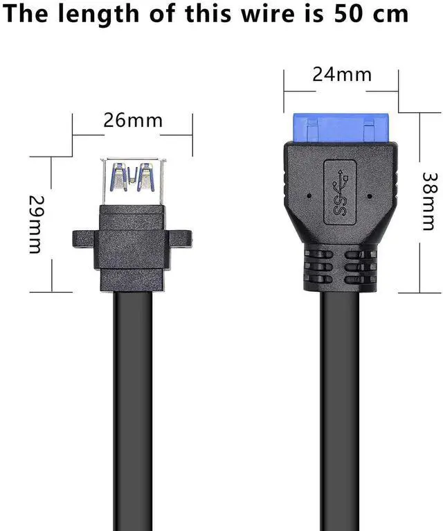 Alt view image 3 of 6 - Aomoproing USB 3.0 Front Panel Cable, Motherboard 19/20pin Cable to USB Female Splitter Adapter Extension Connector -50cm/19.6inch