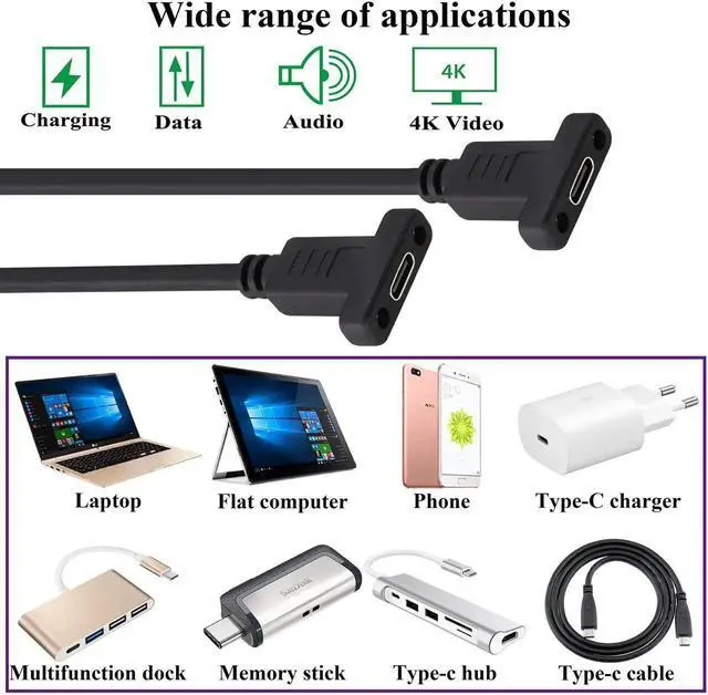 Alt view image 7 of 7 - Aomoproing USB C to 3.1Type C Panel Mount Screw Cable Gen 2 (3A) USB 3.1 Type C Female to Female Panel Mount Cable, Supports Charging,Data,Audio,Video Cable for Laptop,Tablet,Mobile Phone(0.3M/1ft)