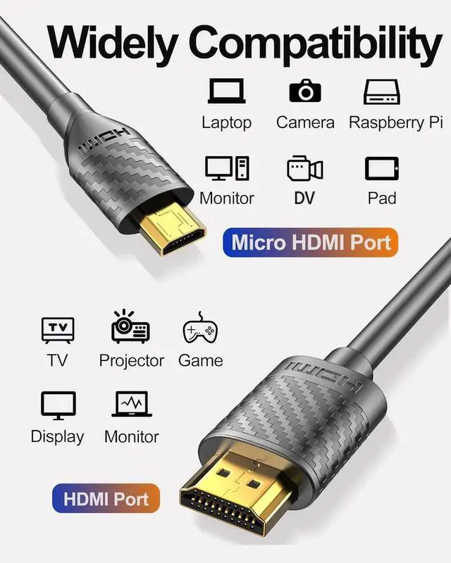 Alt view image 3 of 7 - AOMOPROING Micro HDMI to HDMI Cable 4K 60Hz, MicroHDMI Adapter Cord for Raspberry Pi 5 4, Camera, GoPro Hero 7 6 5, Lenovo Yoga, HDTV, Monitor, HDR Video & Audio Capture Card - Long 3.3 Feet