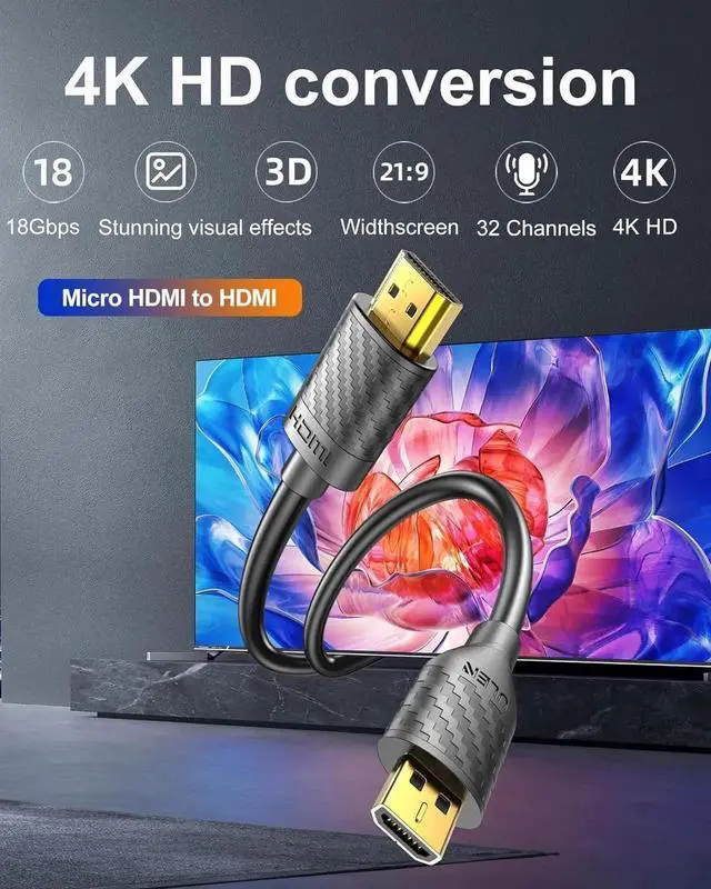 Alt view image 6 of 7 - AOMOPROING Micro HDMI to HDMI Cable 4K 60Hz, MicroHDMI Adapter Cord for Raspberry Pi 5 4, Camera, GoPro Hero 7 6 5, Lenovo Yoga, HDTV, Monitor, HDR Video & Audio Capture Card - Long 3.3 Feet