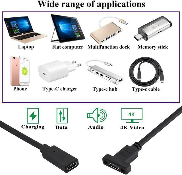 Alt view image 4 of 7 - Aomoproing 3.1Type C to USB C Panel Mount Screw Cable Gen 2 (3A) USB 3.1 Type C Female to Female Panel Mount Cable, Supports Charging,Data,Audio,Video Cable for Laptop,Tablet,Mobile Phone(0.3M/1ft)