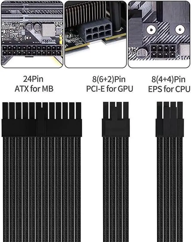 Alt view image 5 of 6 - Aomoproing Power Supply Sleeved Cable, Extension PC Kit, 18AWG 24Pin ATX / 8 (4+4) Pin EPS / 8 (6+2) Pin PCI-E Power Supply PSU Cable with Combs, 30CM Black