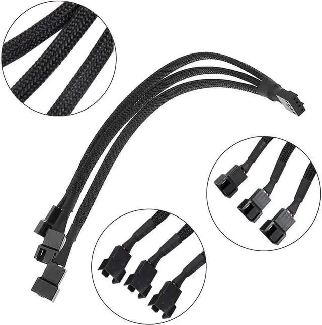 Alt view image 4 of 4 - 3 Pack PWM Fan Splitter, Black Sleeved Braided Y Computer Fan Splitter,4 pin Fan Adapter Cable, CPU Fan Splitter 1 to 3 Converter,Fan Extension Power Cable.(1 to 3)