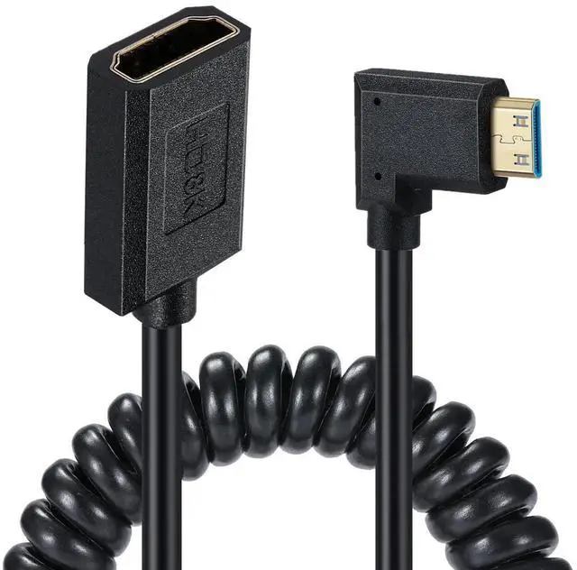 Alt view image 2 of 7 - AOMOPROINGMini HDMI to HDMI Coiled Cable, 90 Degree Angle High Speed Mini HDMI Male to HDMI 2.1 Female Spiral Adapter Cord 8K 60hz 4K 120Hz for Camcorder, HD TV, PC and More (mini HDMI Left Angle) 4FT