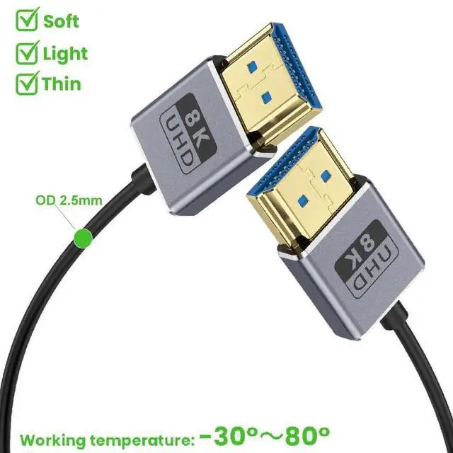 Alt view image 2 of 5 - AOMOPROING 1ft 8K@60Hz HDMI Cable, OD 2.5mm Ultra-Thin HDMI 2.1 Version UHD Cord, 48Gbps HDMI Left Angle Male to Straight Male Coaxial Cable for GH5S, PS5, Xbox One, HDTV, Dynamic HDR,eARC
