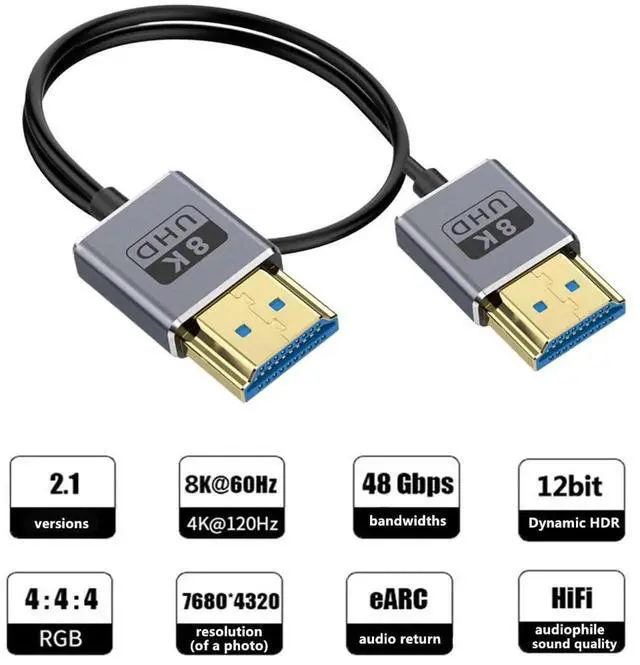 Alt view image 3 of 5 - AOMOPROING 1ft 8K@60Hz HDMI Cable, OD 2.5mm Ultra-Thin HDMI 2.1 Version UHD Cord, 48Gbps HDMI Left Angle Male to Straight Male Coaxial Cable for GH5S, PS5, Xbox One, HDTV, Dynamic HDR,eARC