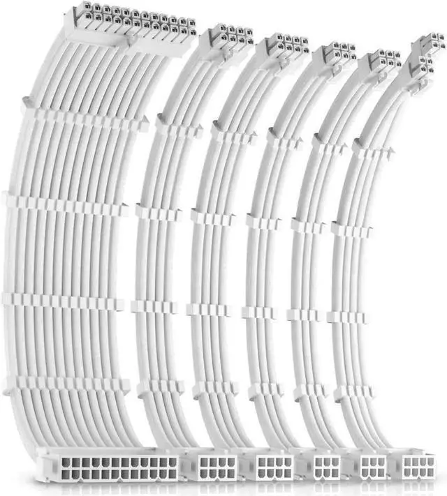 Main image of PSU Cables, Sleeved Cable Extension Kit /24pin ATX /4+4pin EPS /8-pin PCI-E /6pin PCI-E PSU Extension Cable Kit 30cm Length with Combs, White ConnectorWhite
