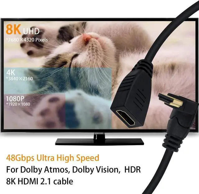 Alt view image 7 of 7 - AOMOPROING 8K HDMI Extension Cable, Short HDMI 90 Degree Male to Female HDMI 2.1 Cable 48Gbps with 8K 60Hz Video and 3D HDR for TV/Xbox /PS4 /PS5 (Up Angle), 0.5feet