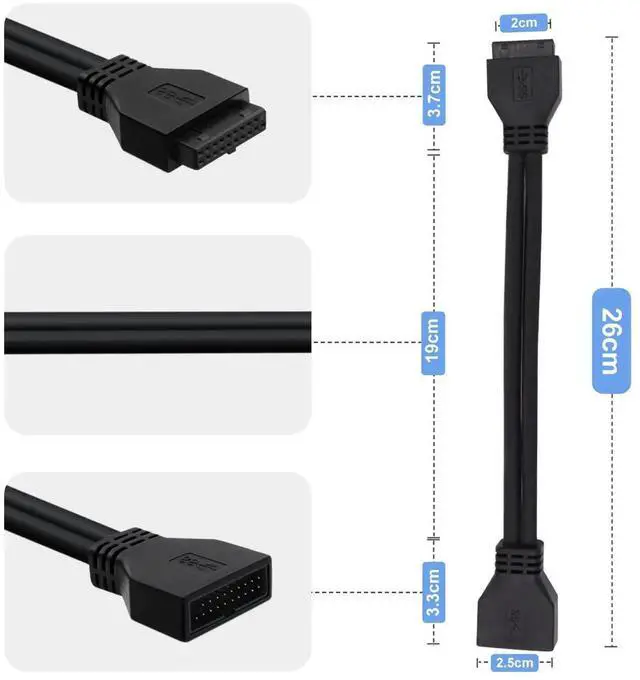 Alt view image 2 of 6 - Aomoproing USB 3.0 Motherboard Extension Cable 19/20 Pin Male to Female Internal Extension Adapter (Black, 0.8FT)