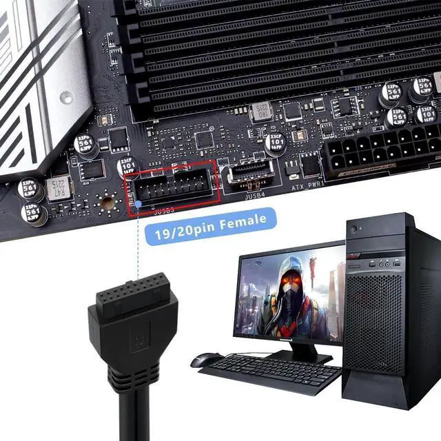 Alt view image 3 of 6 - Aomoproing USB 3.0 Motherboard Extension Cable 19/20 Pin Male to Female Internal Extension Adapter (Black, 0.8FT)