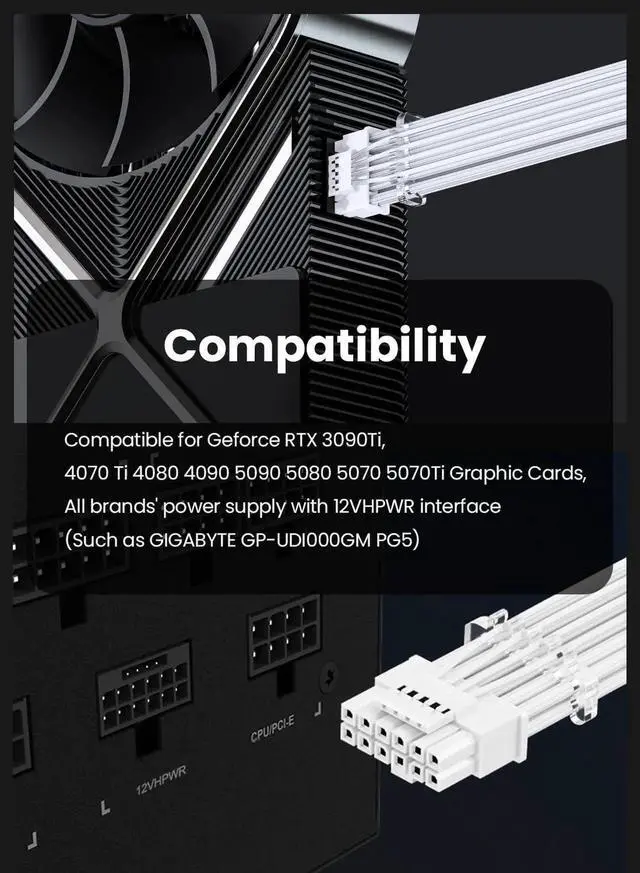 Alt view image 7 of 7 - Aomoproing16pin GPU Power Cable - 70cm PCI-e 5.0 12VHPWR 600W 12+4 Male to Male 12V-2x6 PSU Sleeved Cable for RTX 3090Ti 4070 Ti 4080 4090 5090 5080 5070 5070Ti to ATX 3.0 Modular Power Supply (White)