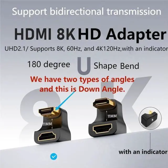 Alt view image 3 of 7 - AOMOPROING U Shape HDMI 2.1 Adapter Male to Female Standard HDMI Type A Adapter UHD 3D 8K@60Hz 180 Degree Down Angle for Laptop Projector TV PC