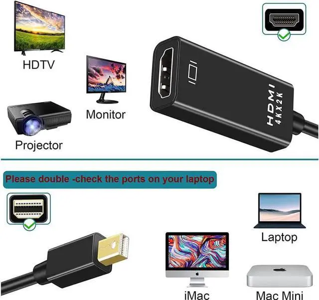 Alt view image 7 of 7 - AOMOPROING Pasow Mini DisplayPort to HDMI Adapter, Mini DP Thunderbolt to HDMI Converter 4K Compatible for MacBook Air / Pro,UHD Monitor / TV / Projector (Black)