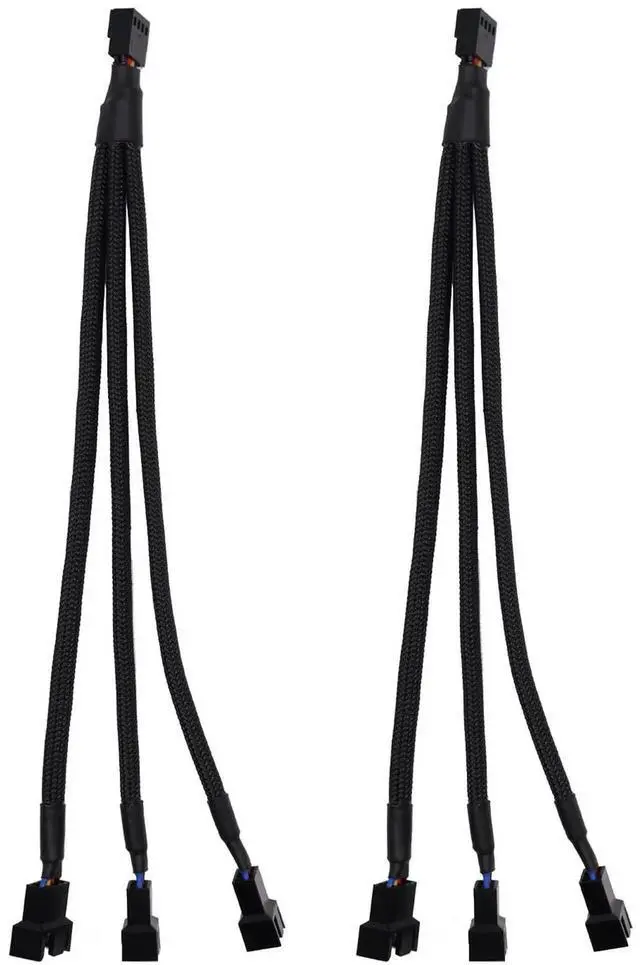 Main image of Aomoproi2pcs 4 Pin PWM Fan Splitter Cable, Black Sleeved Case Fan Braided Adapter Cable 1 to 3 Converter Y Splitter for Computer PC CPU Cooling Fan ATX Case 4-Pin/3-Pin Extension Power Cable 10 Inches