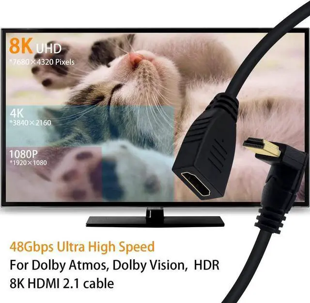 Alt view image 5 of 7 - AOMOPROING 8K HDMI Extension Cable 2ft, 48Gbps 90 Degree Down Angle Male to Female HDMI 2.1 Cable Support High Speed 3D Ultra HDR 8K@60Hz, 4K@120Hz for PC, Laptop, Xbox, PS5
