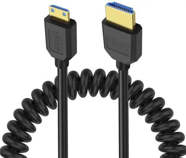 Main image of AOMOPROING 8K Mini HDMI to HDMI 2.1 Coiled Cable Mini HDMI Male to HDMI Male Spring Bidirection Adapter Cord Support 8K@60Hz 4K@120Hz 48Gbps for Camera/Camcorder/Latop/Tablet -1.2M/3.9FT