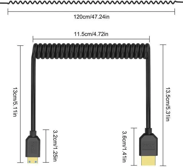 Alt view image 2 of 7 - AOMOPROING 8K Mini HDMI to HDMI 2.1 Coiled Cable Mini HDMI Male to HDMI Male Spring Bidirection Adapter Cord Support 8K@60Hz 4K@120Hz 48Gbps for Camera/Camcorder/Latop/Tablet -1.2M/3.9FT