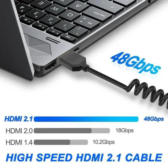 Alt view image 6 of 7 - AOMOPROING 8K Mini HDMI to HDMI 2.1 Coiled Cable Mini HDMI Male to HDMI Male Spring Bidirection Adapter Cord Support 8K@60Hz 4K@120Hz 48Gbps for Camera/Camcorder/Latop/Tablet -1.2M/3.9FT