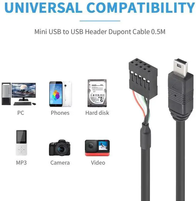 Alt view image 3 of 6 - Aomoproing Mini USB to Motherboard Cable 1.65FT/50CM, Mini USB Male to 9pin Female Cable forcomputer motherboards 2pack