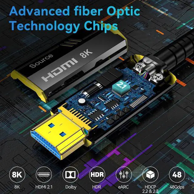Alt view image 3 of 7 - AOMOPROING Fiber Optic HDMI Cable 6.6FT/2M, Certified Ultra High Speed HDMI 2.1 Cable 8K@60 4K@120Hz HDR10 HDCP 2.2&2.3, Compatible with Xbox/PS5/PS4, UHD TV, Blu-ray, Gold Plated Connector HDMI Cord