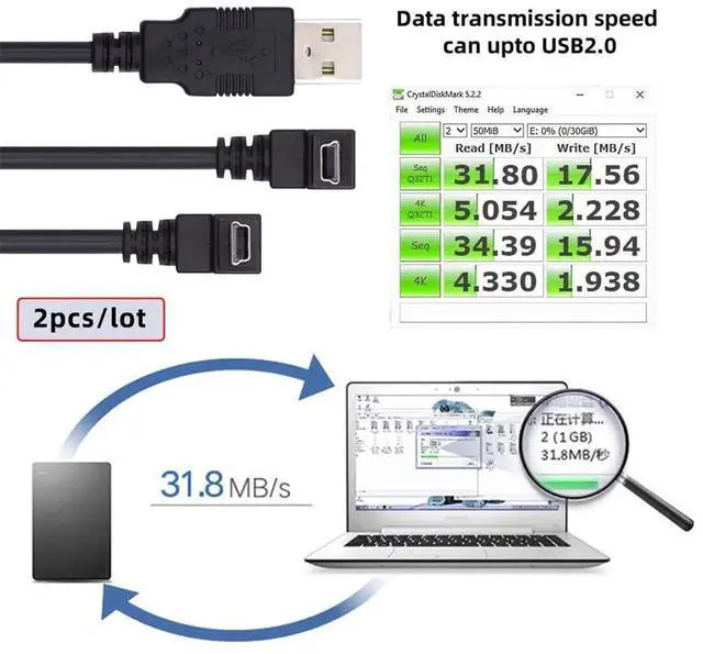 Alt view image 2 of 7 - Aomoproing Mini USB B Type Down & Up Angled 90 Degree to USB 2.0 Male Data Power Cable 2pcs/lot 50cm