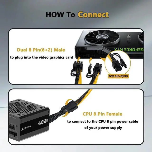 Alt view image 3 of 6 - Aomoproing  (2-Pack) CPU to GPU, CPU 8 Pin Female to Dual PCIe 8 Pin (6+2) Male Splitter Cable for Graphics Card BTC Miner 9-inch (23cm)