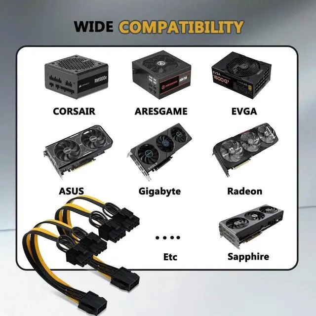 Alt view image 4 of 6 - Aomoproing  (2-Pack) CPU to GPU, CPU 8 Pin Female to Dual PCIe 8 Pin (6+2) Male Splitter Cable for Graphics Card BTC Miner 9-inch (23cm)