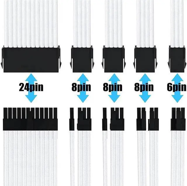 Alt view image 4 of 7 - AOMOPROING Sleeved Cable, White Power Supply Cable Extension Kit, 24PIN ATX, 4+4 PIN EPS, Dual 6+2 PIN PCIE, 6 PIN PCI-E