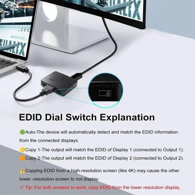 Alt view image 3 of 7 - 4K HDMI Splitter 1 in 2 Out, HDMI Cable Splitter for TV Only Mirror (Not Extend),HDMI Splitters 1 Male to 2 Female Adapter with EDID Dial, Support 2 TVs Sync Display, HD 3D for LED/LCD Monitor